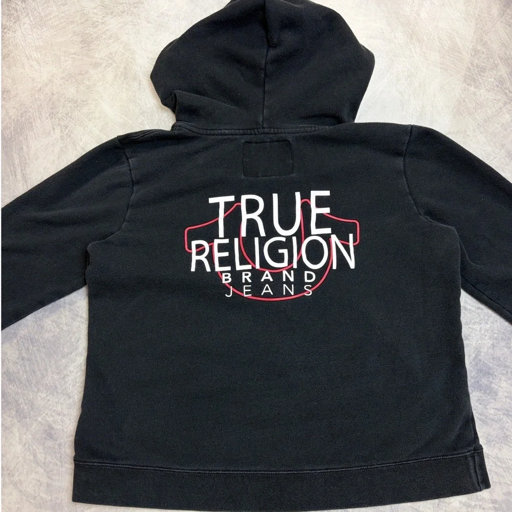 True Religion Mens Black Zip Up Hoodie Horseshoe Logo Graphic Sweatshirt Size M‎